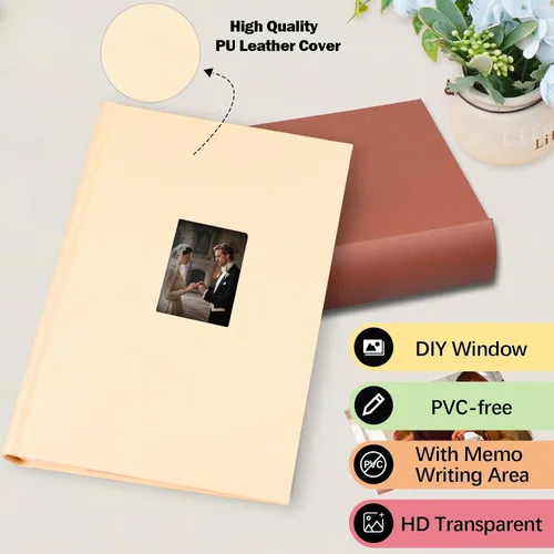 Miniatura 5 de Álbum de fotos de 4 x 6 pulgadas, 450 imágenes con espacio de escritura, cubierta de piel sintética, libro de fotos con ventana frontal para Beige