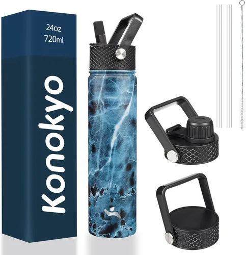 Miniatura 31 de Konokyo - Botella de agua aislada de 18 onzas, botellas deportivas de acero inoxidable con 3 tapas, verde militar