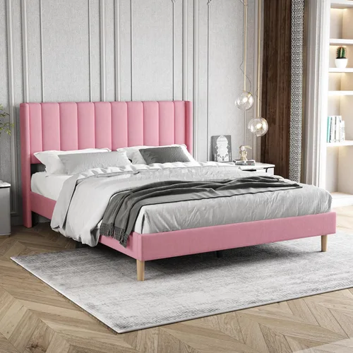 Miniatura 10 de Marco de Cama Tapizada de Plataforma Tamaño Full con Cabecero, Soporte de Listones de Madera Resistentes, No Necesita Somier, Montaje Fácil, Beige