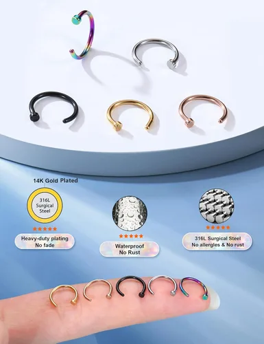 Miniatura 6 de FIBO STEEL - 5 piezas de acero inoxidable, 18G a 22G, joyería corporal, piercing de nariz para mujer
