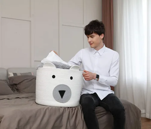 Miniatura 9 de Cesta de oso, cuerda de algodón grande, gran almacenamiento, cesta de lavandería tejida, papelera de almacenamiento de tela, para ropa en el Blanco
