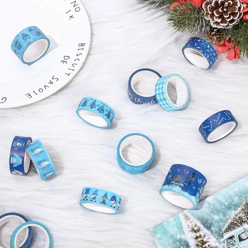 Miniatura 5 de Whaline 16 rollos de cinta Washi de invierno, 4 tamaños, cinta adhesiva Washi azul para Navidad, copo de nieve, muñeco de nieve, papel decorativo