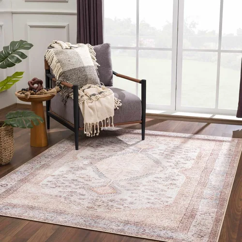 Hauteloom Gregory - Alfombra lavable a máquina, medallón floral, borde envejecido, desteñido, tradicional oriental, Oushak de transición, vintage,