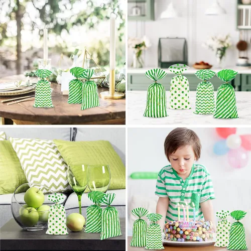 Miniatura 7 de Whaline 160 bolsas de celofán verde, bolsas de regalo para el día de San Patricio, bolsas de regalo transparentes verdes y blancas con rayas Rosado