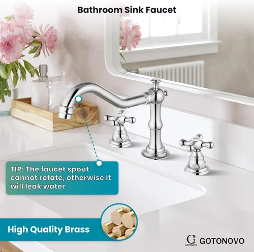 Miniatura 2 de gotonovo Grifo de baño de 3 orificios de 8 pulgadas de separación amplia, grifo de lavabo de baño con 2 manijas cruzadas, grifo mezclador vintage