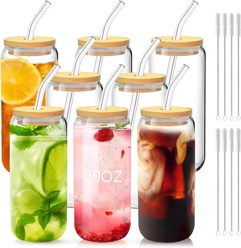 Miniatura 13 de Juego de 2 tazas de vidrio con tapas y pajitas, tazas de café helado con tapas para cerveza fría y cerveza, vidrio en forma de lata de 20 onzas