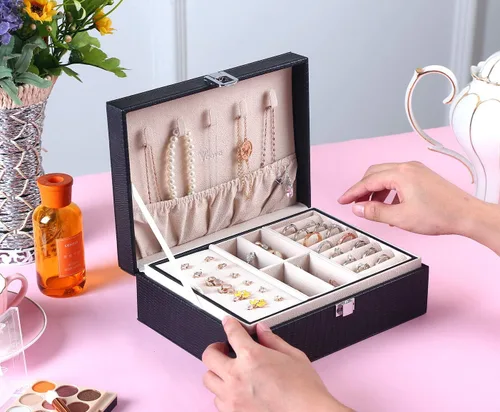 Miniatura 4 de Voova - Joyero organizador para mujeres y niñas 2 capas de almacenamiento de joyas grandes para hombres soporte para joyas de piel sintética