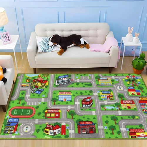Miniatura 13 de Capslpad Alfombra Azul de Coche y Carretera para Niños, Alfombra de Juego para Sala de Juegos, Alfombra Antideslizante Lavable con Mapa de la Ciudad