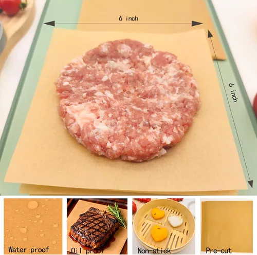 Miniatura 2 de 100 piezas de papel de hamburguesa antiadherente de 6 x 6 pulgadas, hojas cuadradas de papel de cera para hamburguesas separadas, prensa