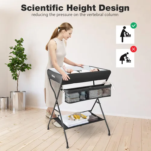 Miniatura 3 de INFANS Mesa Cambiadora para Bebé, Estación de Pañales Plegable Organizador Portátil de Guardería con Cinturón de Seguridad y Grandes Estanterías