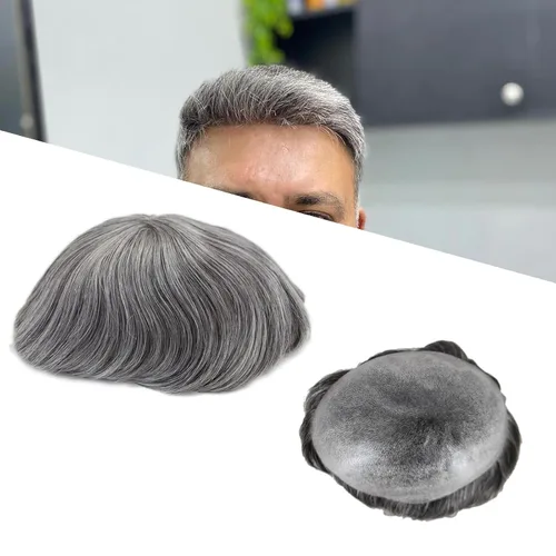 Miniatura 9 de Peluca de cabello humano natural para hombre, color negro, mezcla de gris, 1B10