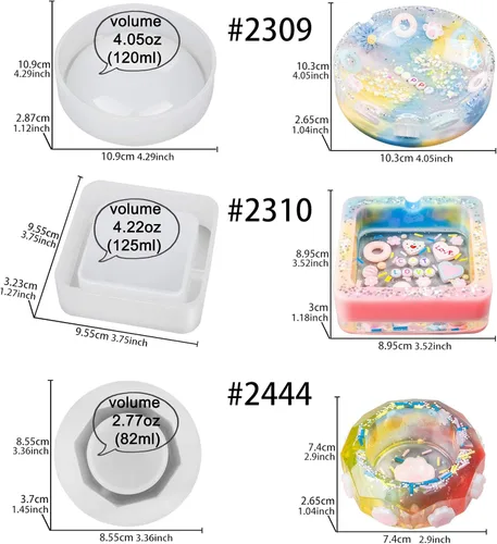 Miniatura 2 de Cenicero de resina epoxi moldes de silicona para hormigón, cemento, arcilla, octágono, cuadrado, redondo, paquete de 3 con juego de tutoriales