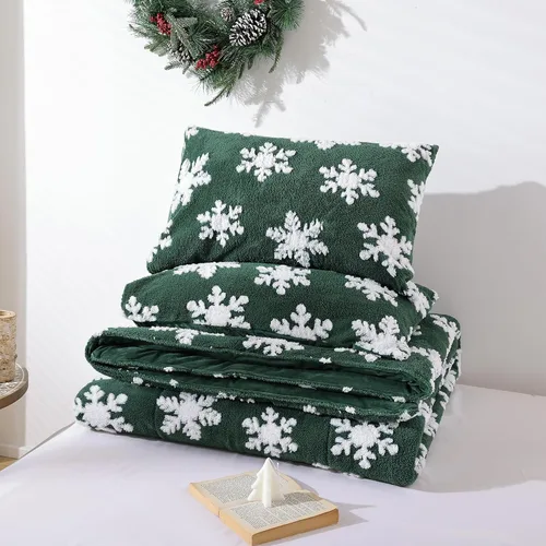 Miniatura 4 de JANZAA - Juego de ropa de cama navideña tamaño matrimonial, juego de edredón de terciopelo color esmeralda con copos de nieve blancos