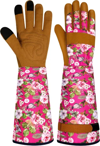 Guantes largos de jardinería para mujer, guantes de cuero a prueba de espinas, guantes de trabajo transpirables para mujeres, patio, exteriores