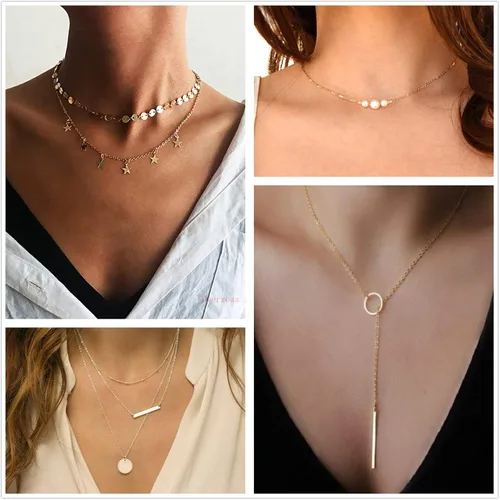 Miniatura 4 de Honsny Gargantilla en capas para mujeres y niñas, con monedas, luna, estrella, gargantilla multicapa, cadena de oro, juego de collar ajustable