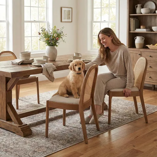 DUOMAY Mid-Century - Juego de 2 sillas de comedor de ratán modernas, sillas de comedor de madera con respaldo de caña y asiento acolchado, silla de