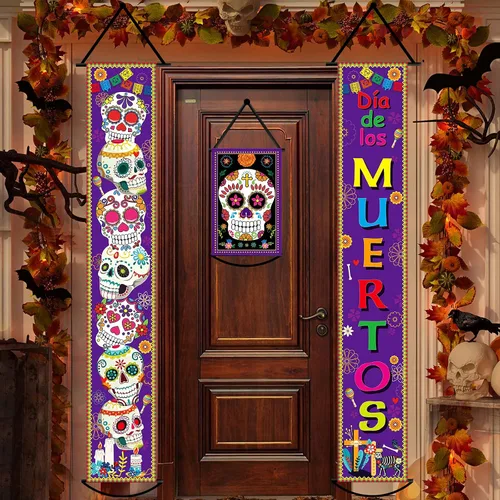 Miniatura 7 de Juego de 3 pancartas de decoración del Día de los Muertos para fiesta mexicana, decoración del Día de los Muertos, letrero de porche, bandera