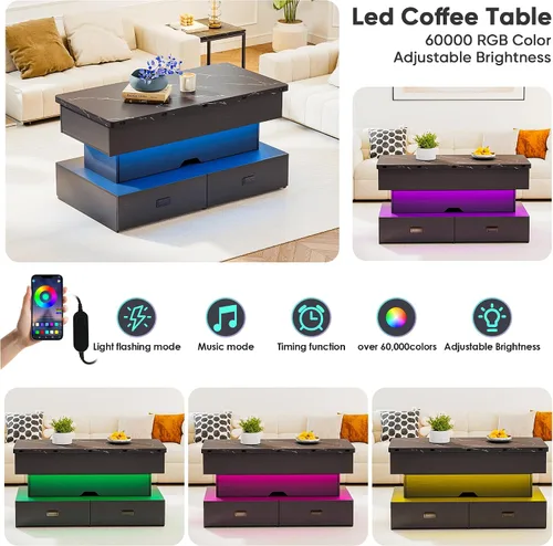 Miniatura 6 de Mesa de centro elevable de 40 pulgadas con luz LED, modernas mesas de centro grandes con almacenamiento y 4 cajones, mesa de centro de mesa