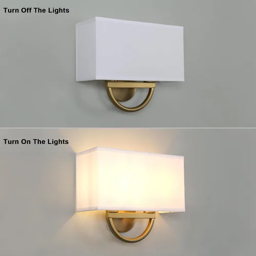 Miniatura 7 de Yosoan Aplique de pared de latón envejecido bohemio de tela blanca, lámpara de pared dorada con 2 luces para interiores, cableado doble, montaje