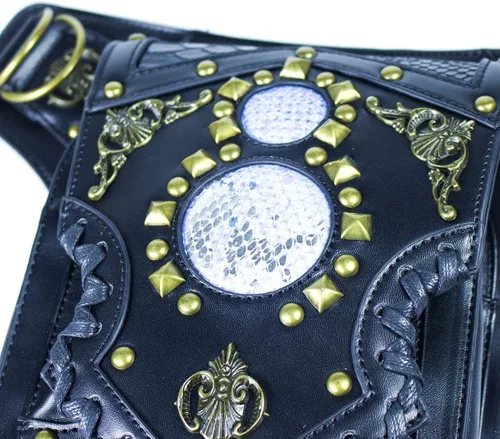 Miniatura 2 de Riñonera gótica de cuero steampunk con cadena bolsa cruzada para el hombro bolsa de cadera Negro