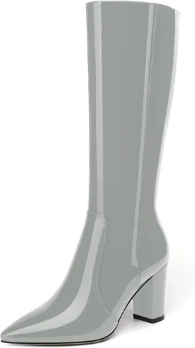 Miniatura 50 de AMBELIGHT Botas altas hasta la rodilla con cremallera y puntera puntiaguda para mujer, de patente sólida, tacón alto, 3.3 pulgadas