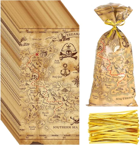Epakh Bolsas de violonchelo para fiesta pirata, mapa del tesoro y bolsas temáticas de isla con lazos dorados para fiestas de cumpleaños (patrón