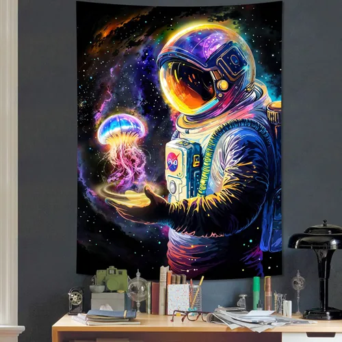 Accnicc Tapiz espacial de astronauta con luz negra para dormitorio, estético, reactivo a los rayos UV, neón espacial, medusa, galaxia, tapices
