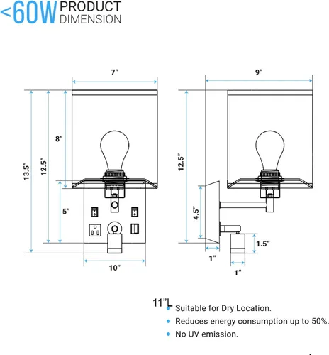 Miniatura 3 de LEDMyplace - Apliques de pared LED de 1 luz, lámpara de interior para sala de estar con puertos USB y tomacorriente, base E26, cuerpo de hierro