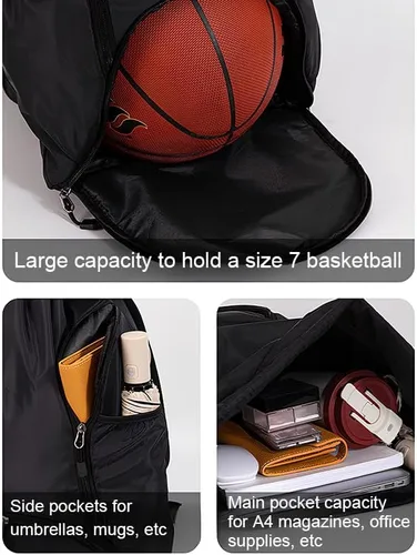 Miniatura 4 de Mochila deportiva con cordón, bolsa de gimnasio impermeable para mujeres y hombres, paquete de baloncesto con compartimento para zapatos, Negro