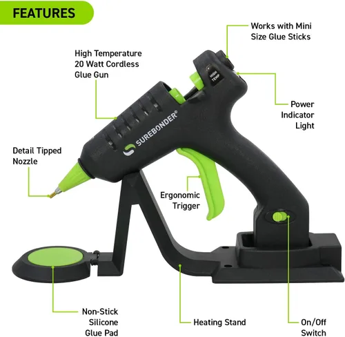 Miniatura 4 de Surebonder Mini pistola de pegamento caliente de alta temperatura inalámbrica/con cable con punta de detalle, 20 vatios, recarga con soporte