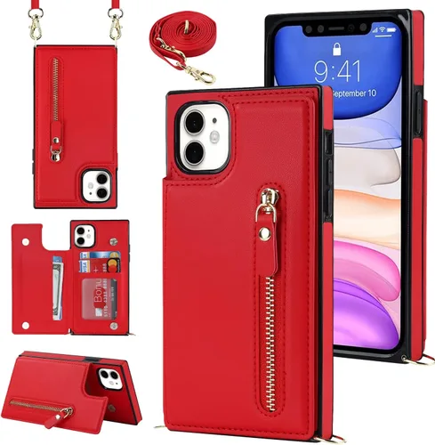 Miniatura 36 de Funda cruzada para teléfono iPhone 13 Pro Max de cuero con tarjetero, funda protectora extraíble, correa de cuero ajustable con botón, compatible