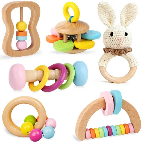 6 piezas de sonajero de madera para bebé, juego de sonajeros de mano de bebé orgánicos coloridos, sonajeros de madera para bebés de 0-6-12 meses,