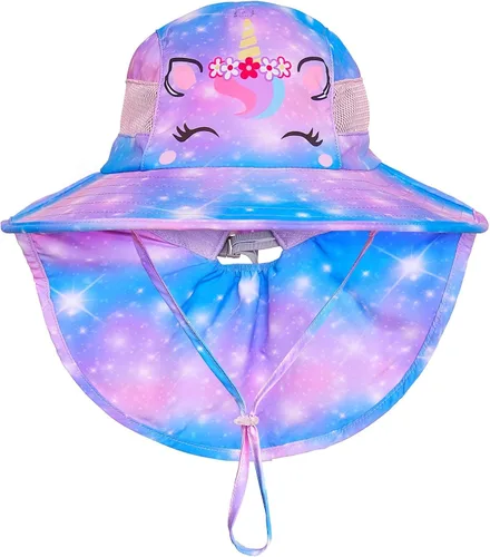 Miniatura 46 de Sombrero de sol para niños, protección UV, unicornio, verano, playa, jugar con ala ancha, solapa para el cuello para niñas y niños