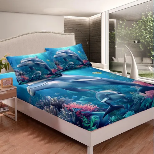 Miniatura 2 de Erosebridal Juego de sábanas de delfín azul océano para adolescentes y niños, juegos de ropa de cama 3D submarino bajo el mar, vida marina