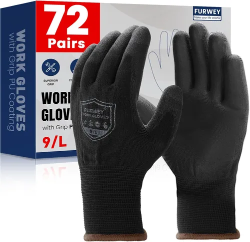 Miniatura 10 de FURWEY Safety Work Gloves-16/32Pairs, Micro Foam Nitrile Coated Glove,Seamless Knit Nylon Gloves for Men Women（S-XL Negro gris-16 pares