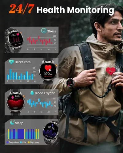 Miniatura 5 de Relojes inteligentes para hombres (batería de 100 días/linterna), reloj inteligente militar impermeable de 5 ATM con frecuencia cardíaca, sueño