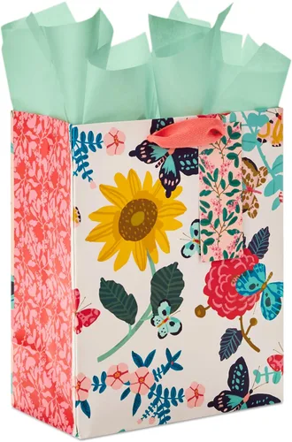 Hallmark Bolsa de regalo mediana de 9 pulgadas con papel de seda (flores brillantes) para Pascua, cumpleaños, despedidas de soltera, bodas, baby