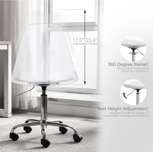 Miniatura 4 de Silla de escritorio de acrílico transparente, moderna, pequeña, bonita, silla de plástico rodante, silla de plástico con ruedas y altura ajustable
