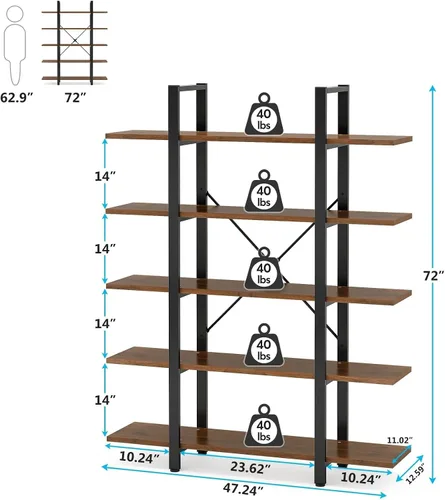 Miniatura 2 de Estantería moderna de 5 niveles, 72 pulgadas de alto x 47 pulgadas de ancho, estante de marco de metal industrial (todo negro)