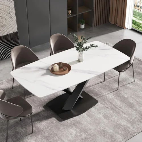 Miniatura 10 de Mesa de comedor moderna, mesa de comedor de piedra sinterizada blanca antigua con base de acero al carbono sólido en forma de X, mesa de comedor