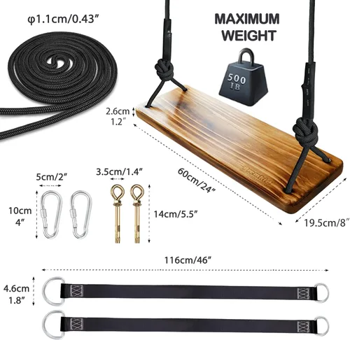 Miniatura 6 de Columpio de Madera Colgante Carbonizada, Columpio de Árbol de 24"x 8"x 1.2" para Adultos y Niños con Carga de 500lbs, Cuerda de Escalada Ajustable