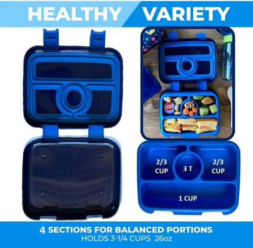 Miniatura 4 de Lonchera para niños - Caja bento para niños pequeños, 4 secciones con tapa, contenedor de refrigerios, preescolar, niños pequeños, bandeja extraíble