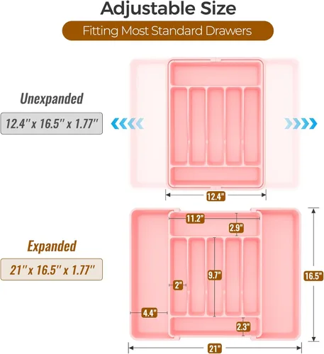 Miniatura 3 de ukeetap Organizador de cubiertos expandible extragrande, sin BPA, apto para alimentos, organizador de cajones de utensilios de cocina, soporte Rosa