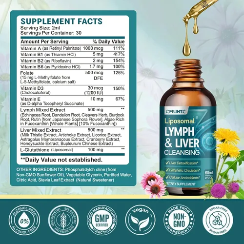 Miniatura 7 de 2 gotas de drenaje linfático liposomal – 21 en 1 limpieza del hígado desintoxicación y reparación con cardo mariano, equinácea, raíz de bardana