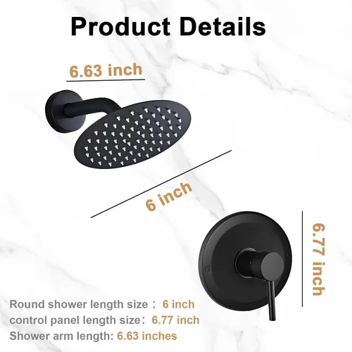 Miniatura 7 de Juego de llave de ducha HUCKLE con cabezal de ducha, llave de ducha negra de 15 cm con válvula, cabezal de ducha de lluvia de mango único negro mate