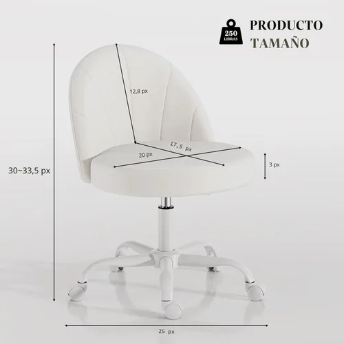 Miniatura 2 de Silla de tocador de terciopelo con ruedas, silla giratoria de maquillaje de altura ajustable, silla de escritorio pequeña sin brazos para Blanco