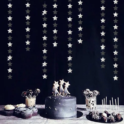 Miniatura 4 de Guirnalda de decoración de cumpleaños y graduación en negro y plata - 18.9 metros de serpentinas brillantes con purpurina y estrellas colgantes