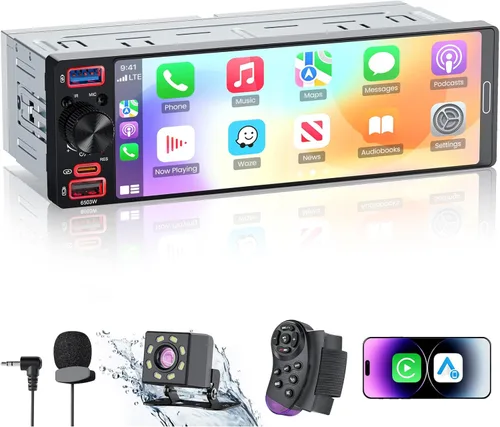 Radio DIN individual estéreo para automóvil con Apple CarPlay y Android Auto, radio de coche con pantalla táctil InCell de 6.5 pulgadas con cámara
