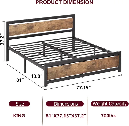 Miniatura 2 de Amyove Base de cama tamaño King con cabecera y estribo de madera, plataforma de cama King de metal, no necesita somier, 14 pulgadas, fácil