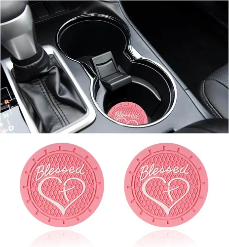 Miniatura 24 de Dickno 2 piezas posavasos para portavasos de automóvil, 2.76 pulgadas cruz bendita y corazón tapete de bebida cristiano, PVC suave antideslizante a